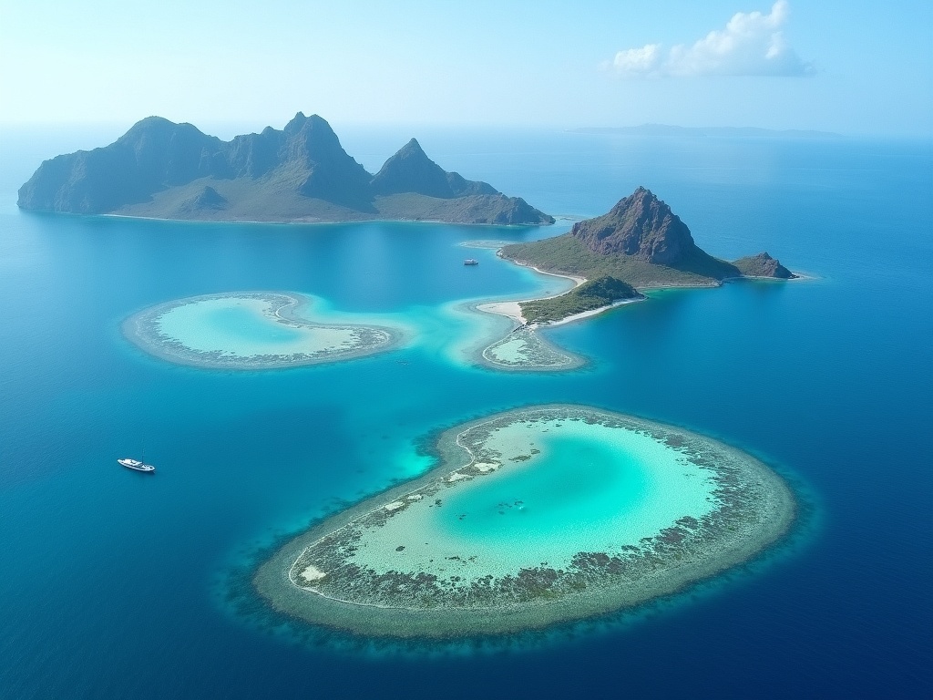 Aerial view of Padar Island bays in Komodo National Park with one boat anchored