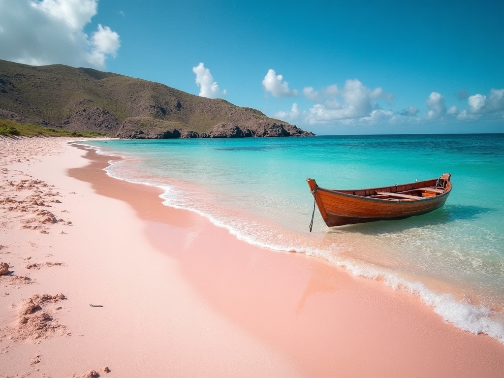 Pink Beach in Komodo National Park with a private boat moored offshore on a 2D1N charter