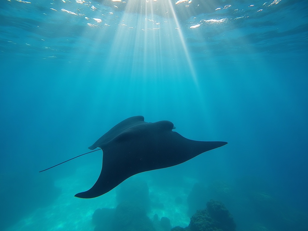 Manta ray gliding in clear water at Manta Point Komodo seen from a private liveaboard boat