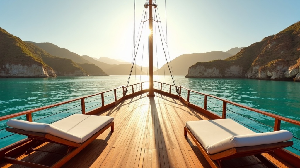 Empty private wooden charter boat deck at golden hour with Komodo National Park hills behind